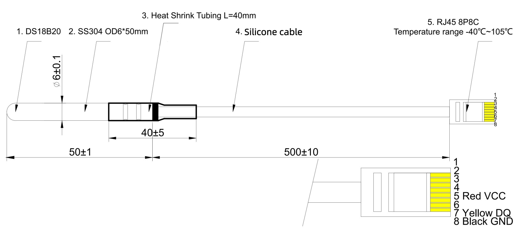 DS18B20デジタル温度センサー — 1-Wireインターフェース, 防水仕様, RJ45コネクタ