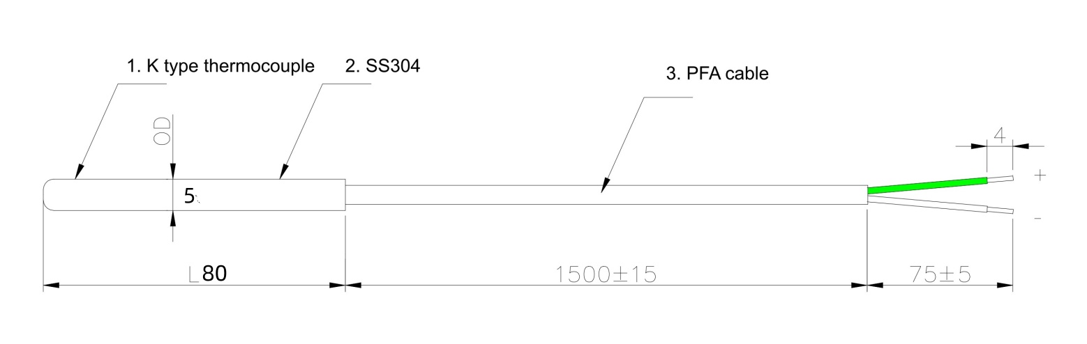 K型熱電対プローブ SS304/316 (PFAケーブル付き)