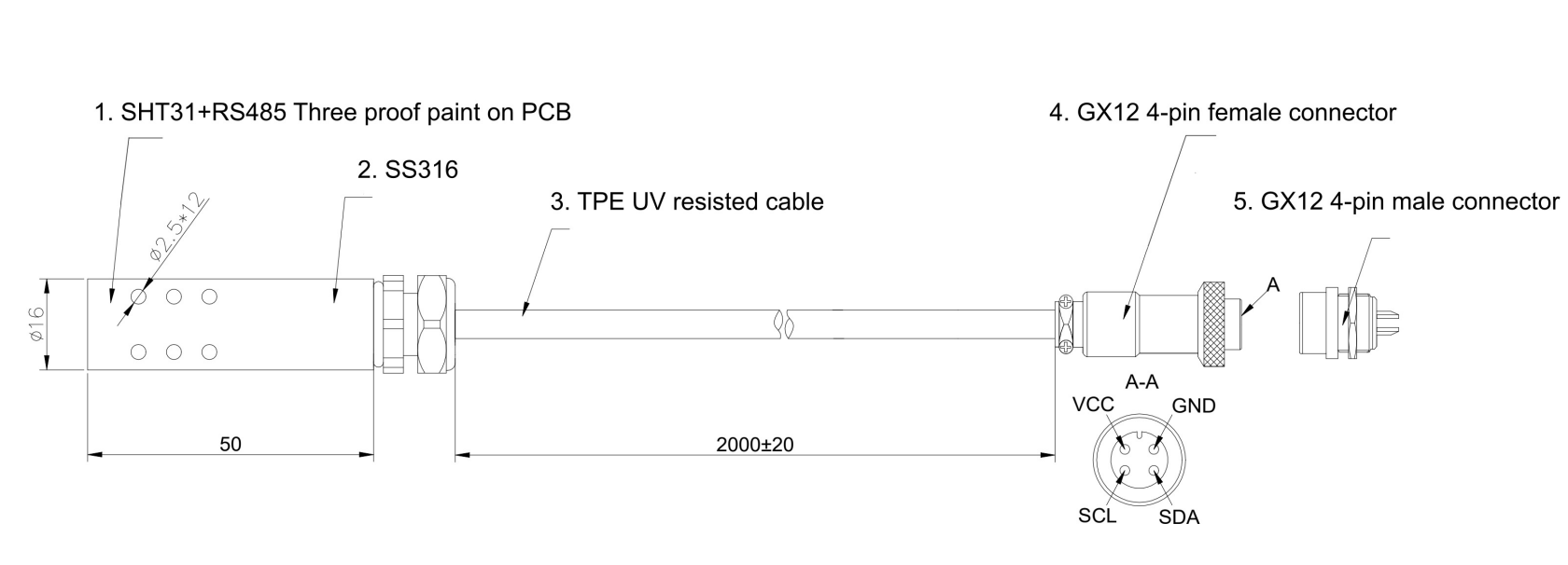 SHT31の温度・湿度センサー(カスタム仕様) I2C から RS485、SS316、GX12