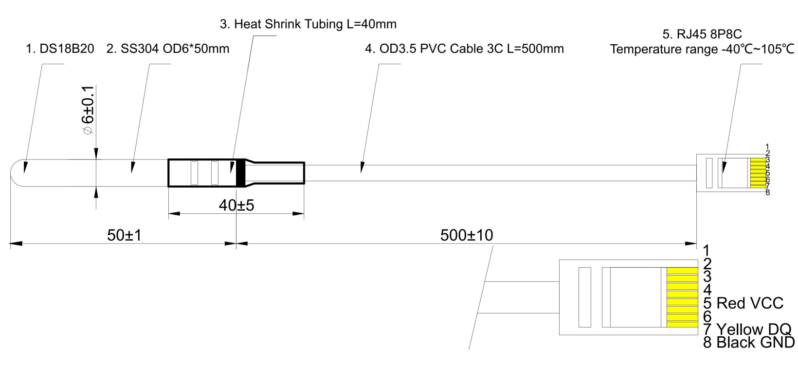 DS18B20デジタル温度センサー — 1-Wireインターフェース, 防水仕様, RJ45コネクタ